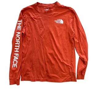 The North Face Men's Longsleeve Tee Shirt Small Orange Logo Print Cotton TShirt